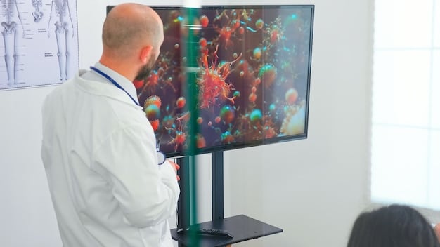A close-up shot of a doctor examining a digital display showing a patient's genomic profile overlaid with AI-generated treatment recommendations. The image emphasizes the collaborative nature of AI in healthcare.