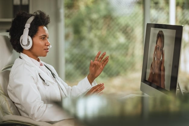 A rural doctor using an AI-powered diagnostic tool during a telehealth consultation, with a specialist appearing on the screen to offer guidance. The setting is a small, well-equipped rural clinic.