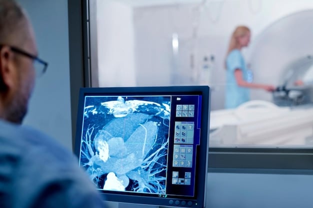 A close-up view of an AI-powered diagnostic tool analyzing a medical image (e.g., X-ray, MRI). The image shows the AI highlighting potential anomalies and providing detailed analysis for the healthcare professional, emphasizing its role in enhancing diagnostic accuracy.