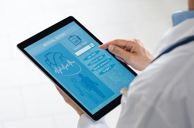 A doctor using a tablet displaying an AI-powered dashboard with real-time patient data. The dashboard shows risk scores, potential complications, and personalized treatment recommendations, highlighting the integration of AI into the clinical workflow.