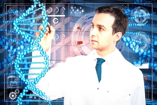 A digital artwork depicting the process of personalized medicine, where AI analyzes individual patient data (DNA, medical history) to tailor a specific drug molecule to their needs, highlighting the precision and customization enabled by AI.