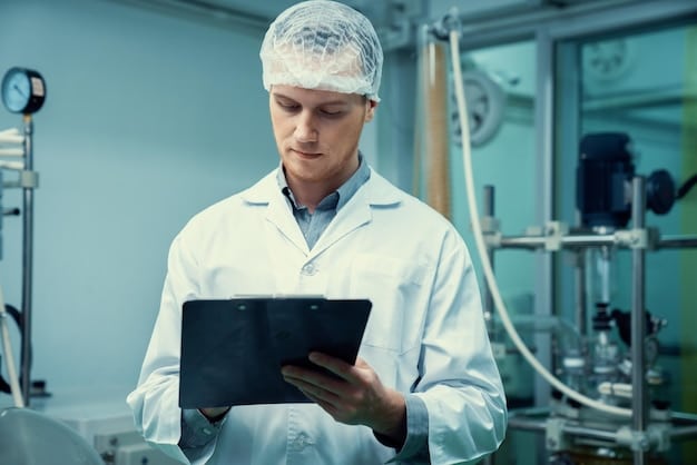 An FDA inspector reviewing documentation related to an AI-based medical device in a sterile laboratory setting. The focus is on the inspector examining data reports on a computer screen.