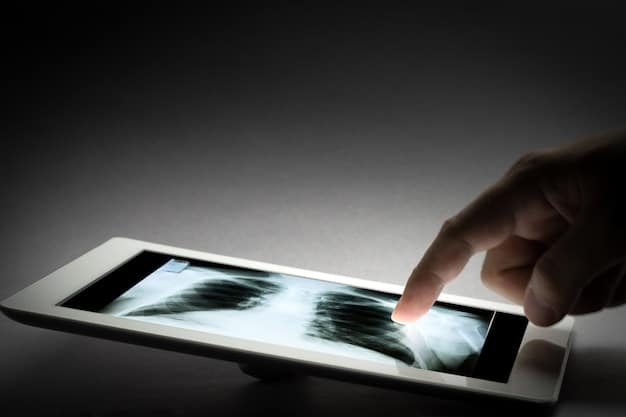 A US radiologist uses a tablet in a brightly lit examination room to review an AI-enhanced X-ray image of a fractured wrist. The AI highlights the fracture for clear visualization.