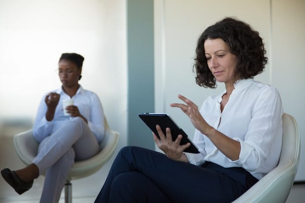 A photograph of a mental health professional using a tablet during a therapy session. The screen shows data visualizations and AI-generated insights. The image conveys the integration of AI into clinical practice.