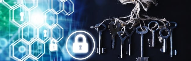 A digital graphic representing data encryption, with a focus on safeguarding patient information. The image includes symbols of locks and keys to emphasize security.