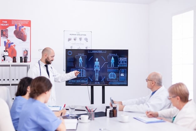 A computer screen displays an AI algorithm analyzing patient data, with visualizations showing how various data points are being matched with clinical trial criteria. The focus is on the precision and efficiency of the AI matching process.