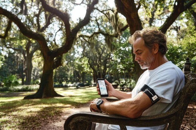 A person wearing a smartwatch that monitors their heart rate and other vital signs. The watch is connected to a mobile app that sends data to their healthcare provider.