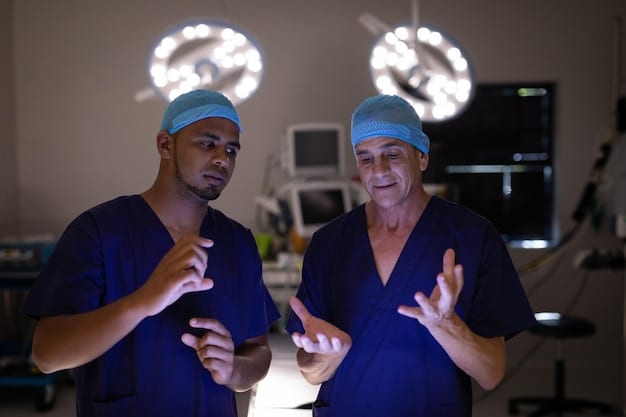 A diverse team of surgeons and AI specialists collaborating in a modern surgical innovation center, with large screens displaying AI algorithms and patient data visualizations. The atmosphere is collaborative and forward-thinking.
