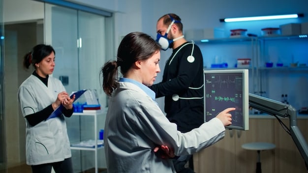A depiction of a healthcare professional interacting with an AI-powered cybersecurity dashboard, showing real-time threat assessments and recommendations.