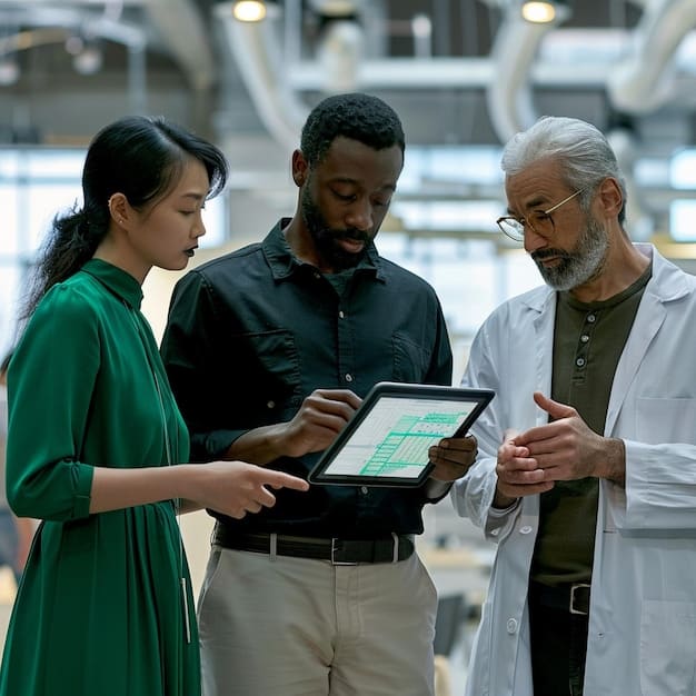 A diverse team of healthcare administrators collaborating around a large touchscreen display showing AI-driven analytics for patient flow and resource management in a hospital setting.