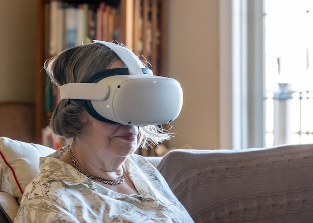 A close-up shot of a senior patient comfortably wearing a non-invasive, AI-powered remote monitoring device on their wrist, showing real-time heart rate data on the device's screen. The background is a cozy living room setting.