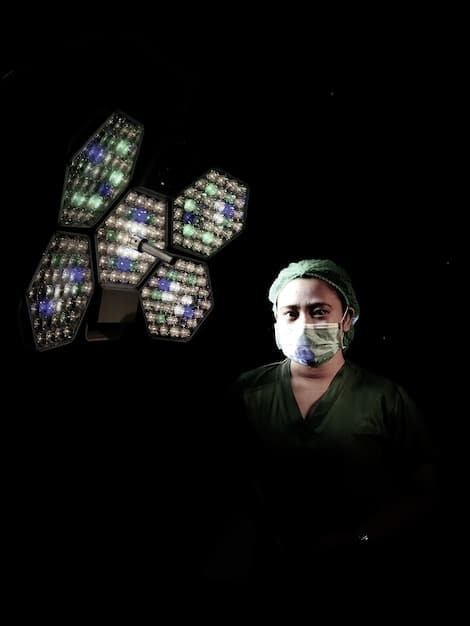 Close-up view of a surgeon looking at a 3D model of a patient's anatomy on a high-resolution display during robotic surgery, enhanced with augmented reality overlays guidance in real-time.