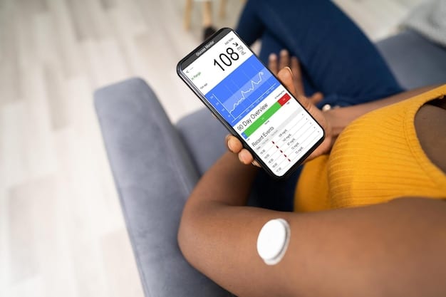 A close-up shot of a smartphone app displaying personalized glucose level predictions and guidance for a patient with diabetes, incorporating AI-driven insights. The interface is user-friendly and visually clear.