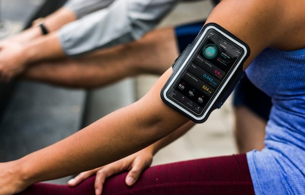 A person wearing a continuous glucose monitor (CGM) on their arm, synced with a smartphone app that displays real-time glucose readings and trends. The app also shows AI-driven alerts and suggestions.