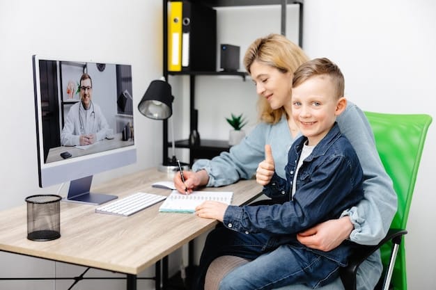 A pediatrician is conducting a virtual consultation with a young boy. The child is sitting comfortably at home with his parent, and the pediatrician is guiding them through a visual assessment using a tablet. The scene is calm and reassuring.
