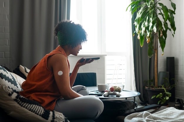 A patient wearing a heart monitoring patch is shown relaxing at home. The monitoring device is wirelessly transmitting data to a healthcare provider, illustrating the ease and convenience of remote monitoring.