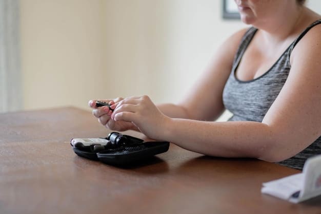 A patient using a smart glucose meter to check their blood sugar levels at home, with data displayed on their smartphone app. A healthcare provider is remotely monitoring the data on a computer screen in a clinic.