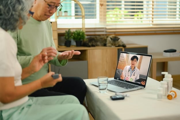 A healthcare provider discussing a personalized care plan with a diabetes patient via video call on a tablet. The screen displays the patient's medical history, glucose levels, and lifestyle information.