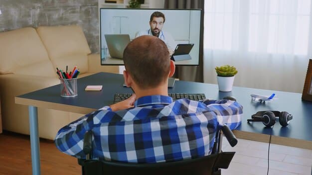 An occupational therapist is demonstrating the correct posture to a male patient, both seated in front of their computers during a telehealth session.