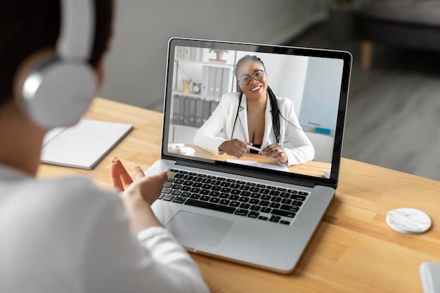 A doctor is shown on a laptop screen, conducting a telehealth consultation with a patient about their sleep problems. The patient is at home, in their bedroom, while the doctor is in an office setting.