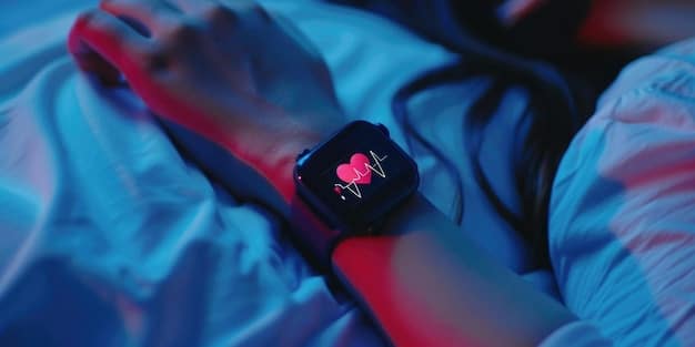 A close-up shot of a smartwatch displaying sleep data, including sleep duration, sleep stages, and heart rate during sleep. The background is blurred to focus on the smartwatch screen.
