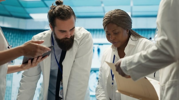 A photo of a diverse MedTech startup team collaborating on a project, showcasing a mix of experienced executives, regulatory experts, and sales and marketing professionals, all focused on strategic planning and problem-solving.