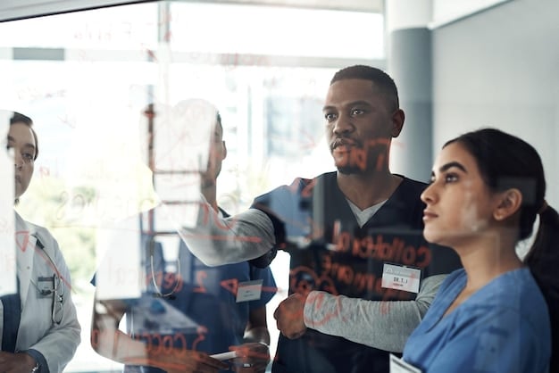 A diverse group of MedTech professionals brainstorming ideas in a brightly lit conference room. Some are sketching on a whiteboard, while others are engaged in animated discussion.