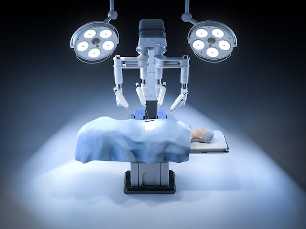 A surgeon using a state-of-the-art robotic surgical system in a brightly lit operating room, with close-up details of the robotic arms and instruments performing a precise surgical procedure, highlighting the technology and precision of robotic surgery.