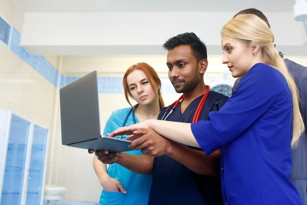A diverse group of healthcare professionals collaborating on a secure digital platform, highlighting the importance of teamwork and adherence to HIPAA regulations in modern healthcare practice.
