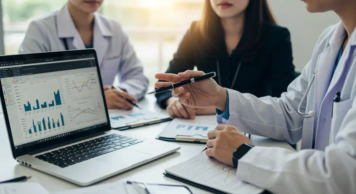 Medical professional explaining clinical trial data to MedTech executives
