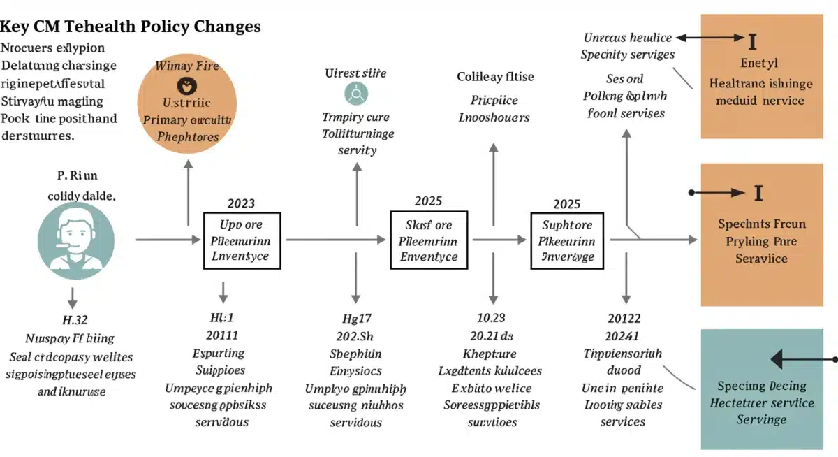 Infographic showing timeline and impact of CMS telehealth policy changes leading up to 2025.