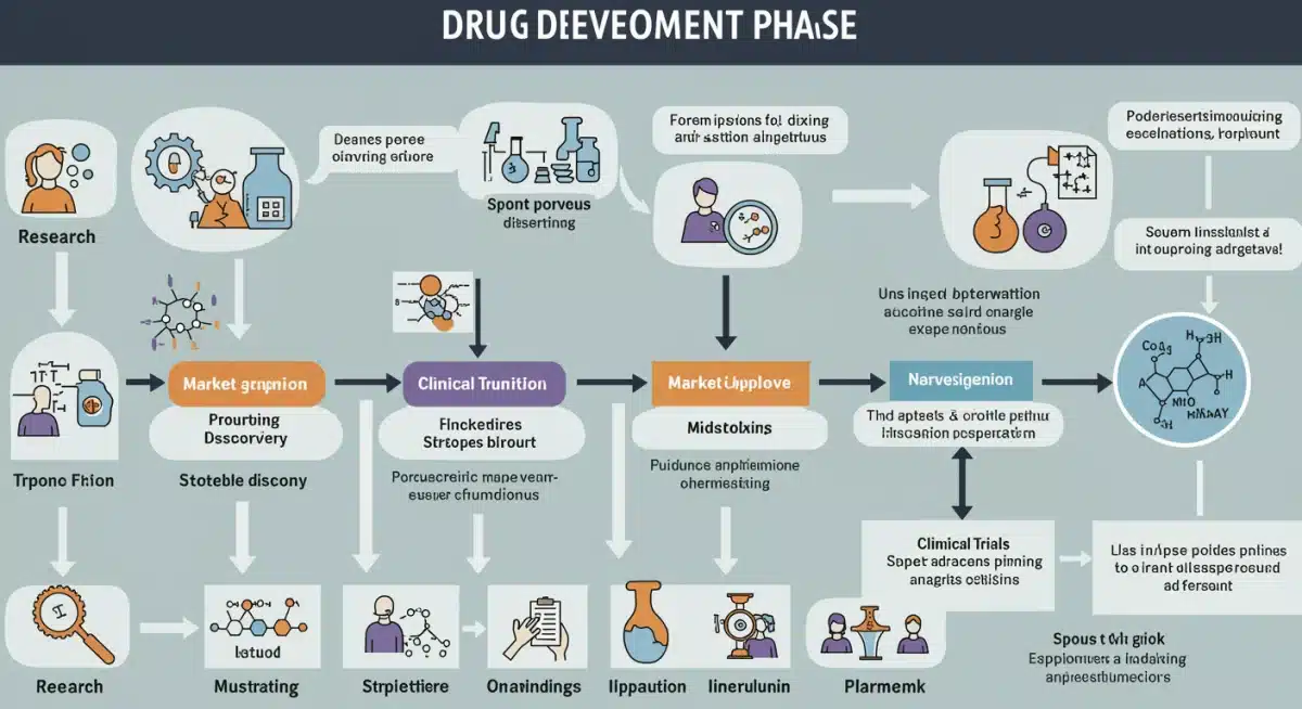 Infographic depicting the drug development timeline, highlighting various stages from research to market, and potential impacts of policy shifts.