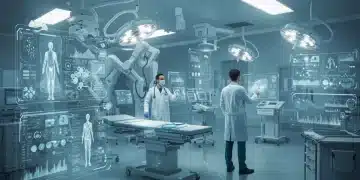 Futuristic MedTech lab with AI interfaces and medical professionals