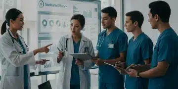 Healthcare professionals analyzing telehealth efficiency data on a digital screen