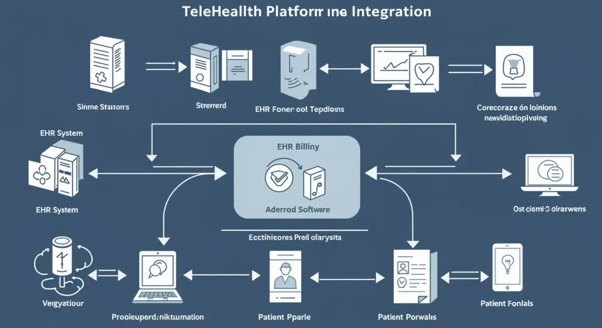 Infographic showing telehealth platform integration with EHR, billing, and patient portals.
