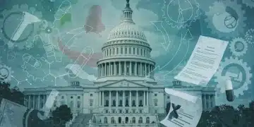 Policy documents and pharmaceutical symbols intertwining with gears, representing the 2025 US Drug Price Negotiation Program's impact on healthcare innovation.