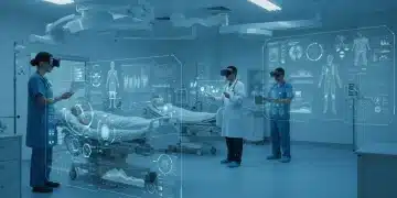 Futuristic hospital with AI data displays and healthcare professionals