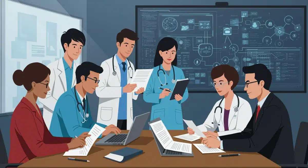 Healthcare professionals and IT specialists collaborating on data security and compliance.