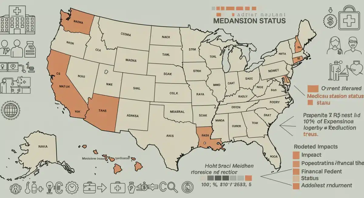 US map illustrating Medicaid expansion status and impact of a 10% federal funding reduction.