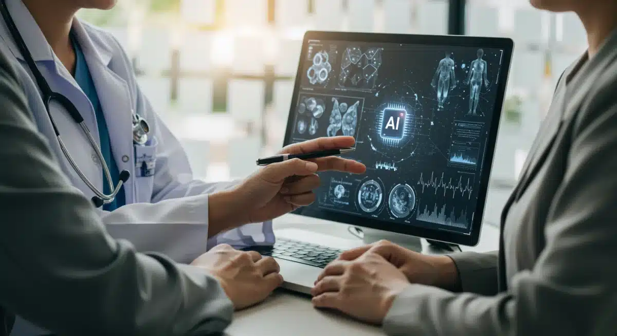 Doctor and patient examining AI-enhanced diagnostic imaging results