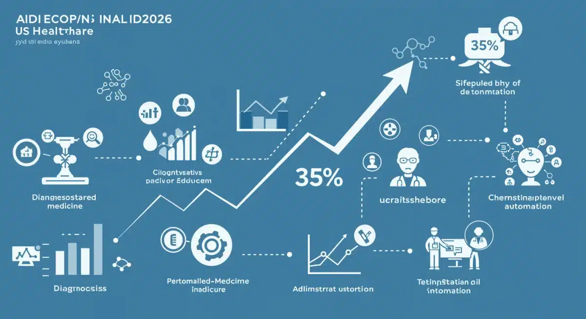 Infographic showing 35% AI adoption increase in US healthcare by 2026, highlighting various applications.