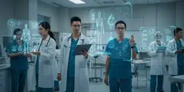 Healthcare professionals using AI for advanced medical diagnostics in a modern hospital setting