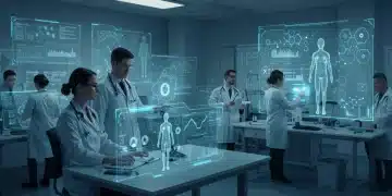 AI-powered personalized medicine lab with doctors analyzing patient data