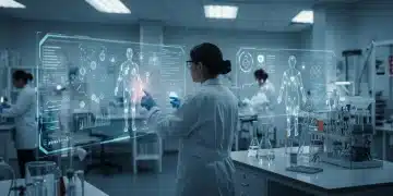 Scientists using AI for predictive analytics in a MedTech R&D lab.