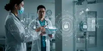 Futuristic doctors interacting with advanced AI systems in a secure medical environment.