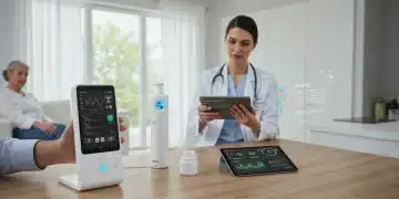 Futuristic remote patient monitoring device in a home setting with a patient and healthcare provider.