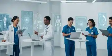 Healthcare professionals learning AI integration in a modern training environment, emphasizing future skills.