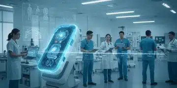 MedTech startup team developing a medical device prototype with a 12-month clinical trial roadmap visible on a screen, symbolizing innovation and planning.