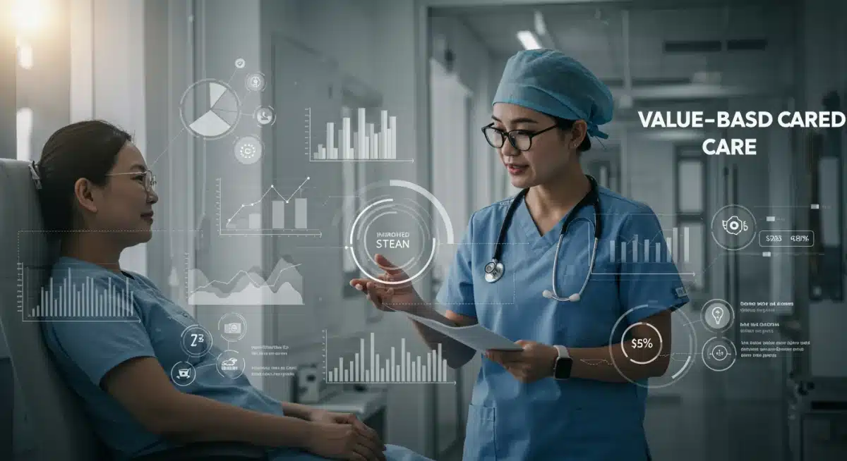 Healthcare professional and patient, surrounded by data showing improved outcomes and cost efficiency in value-based care.