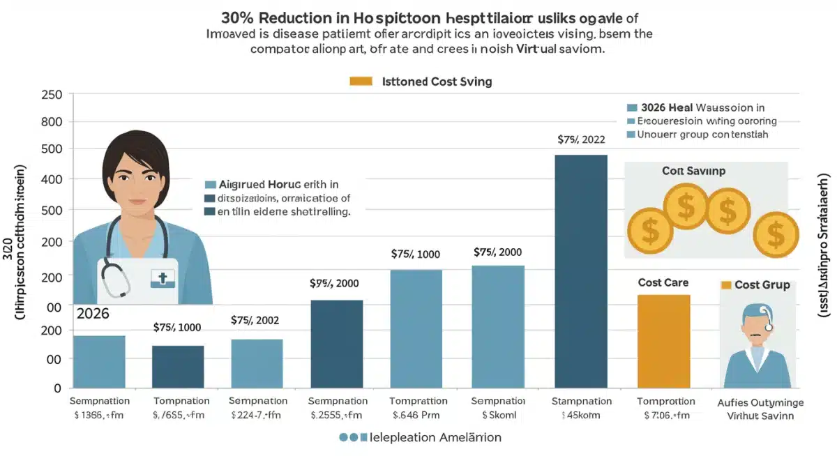 Infographic displaying a 30% reduction in hospitalizations for chronic disease patients due to telehealth in 2026, with comparative data and positive trend indicators.